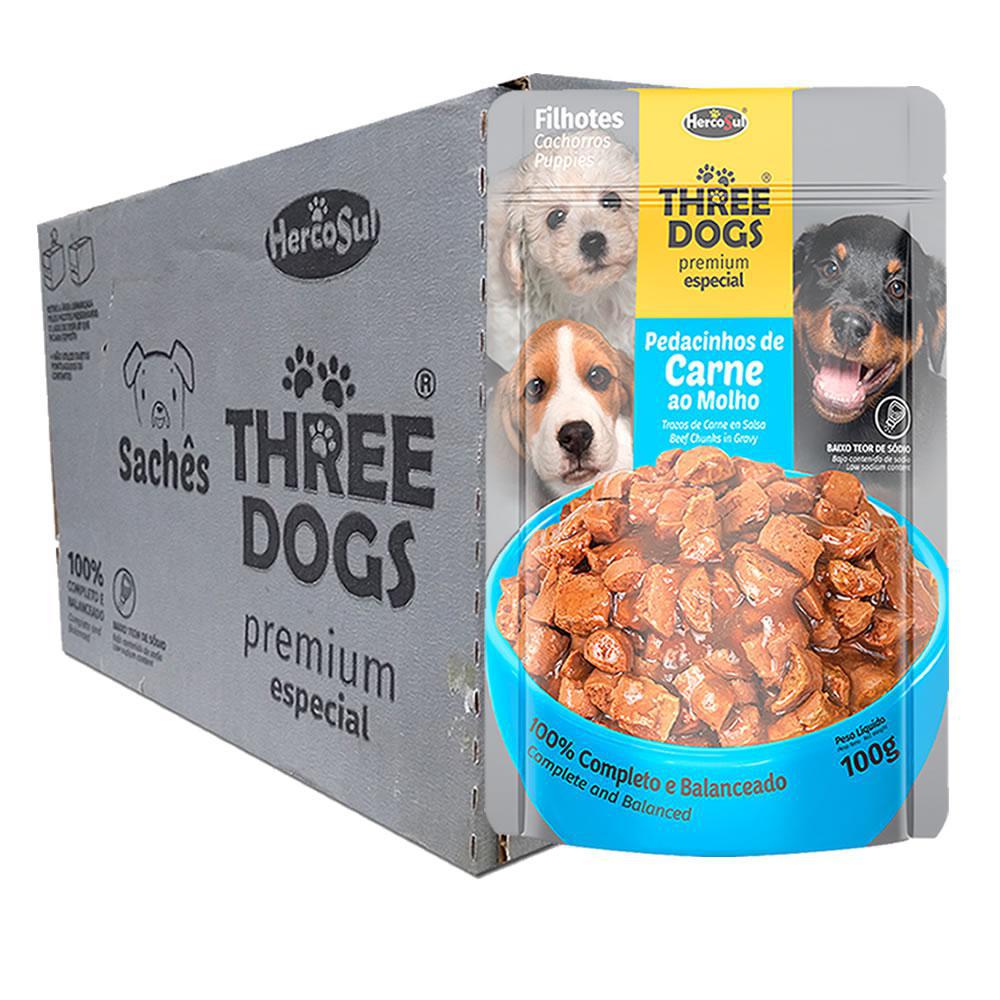 Kit 12Un Sachê Three Dogs Premium Filhotes Carne 100G